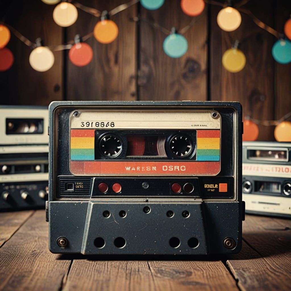 Retro 8 Track Tape on Wooden Table in Warm Analog Style