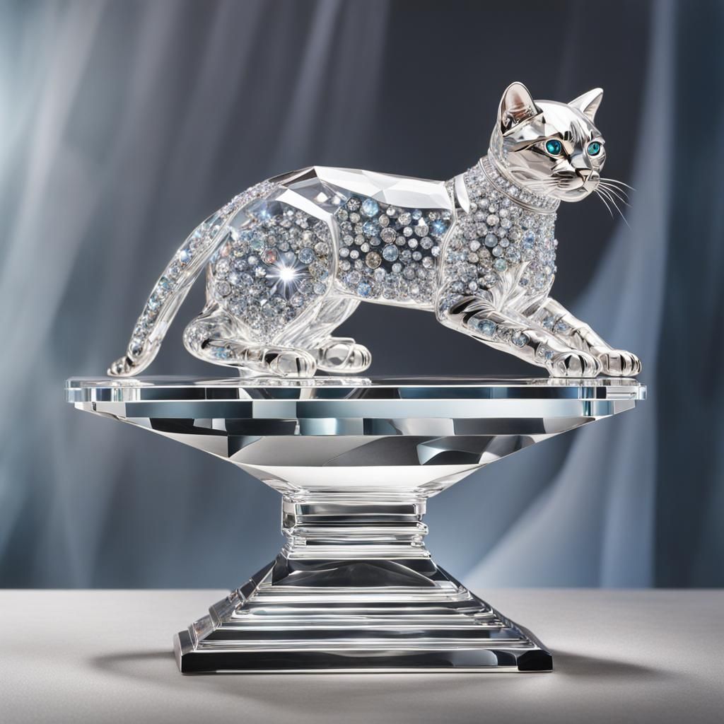 Hyperrealistic Crystal Cat on Sleek Pedestal