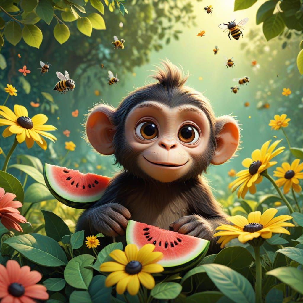 Cute Monkey with Watermelon, Friendly Bee on Head