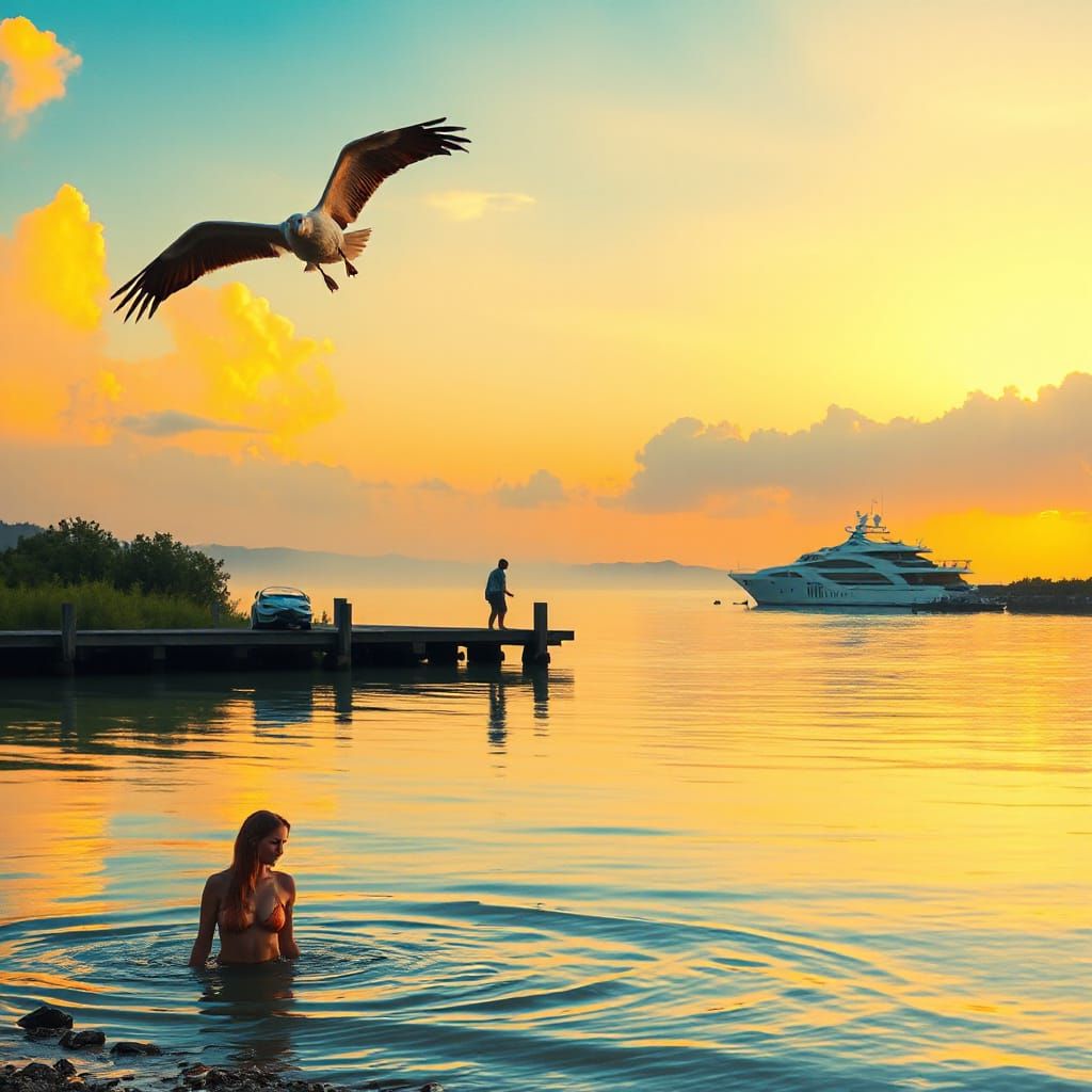 Key West Vista with Pelican, in Chinese Art Style