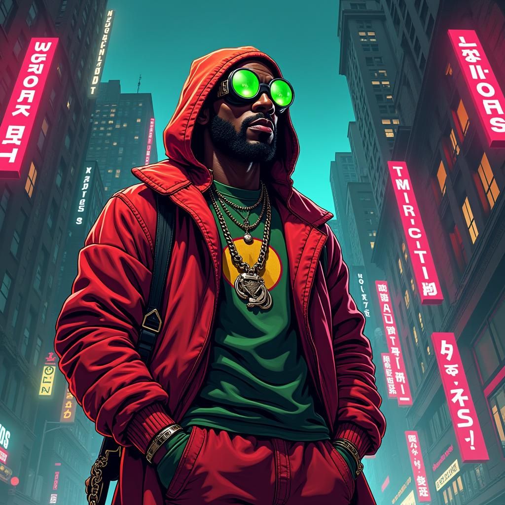 MF Doom in Neon Metropolis: Cartoon Vector Art