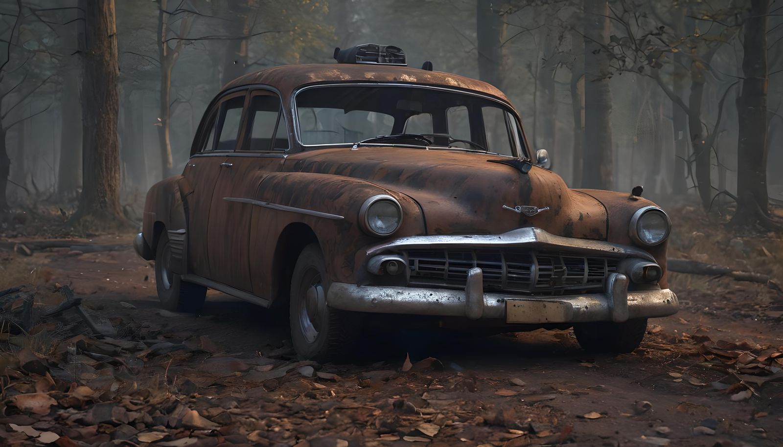 Abandoned Car in Ominous Forest, Hyperrealistic Style