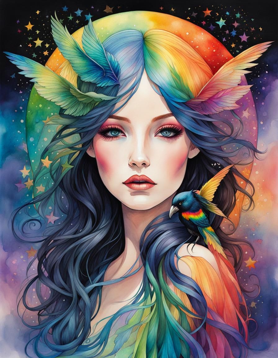 Ethereal Rainbow Raven in Watercolour Style