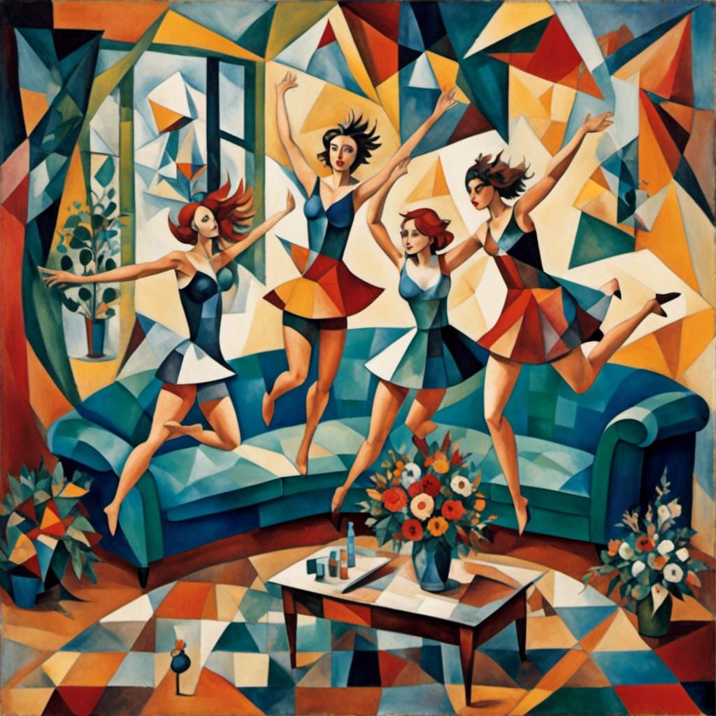 Women Jumping on Couch in Crystal Cubism Style