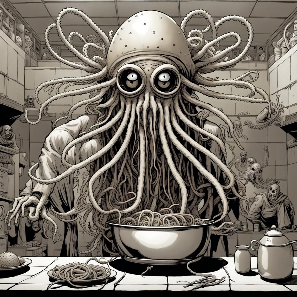 Confused Flying Spaghetti Monster in Surreal Asylum