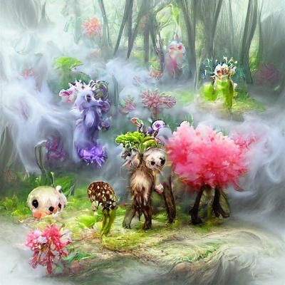 Magical Creatures in Misty Floral Forest