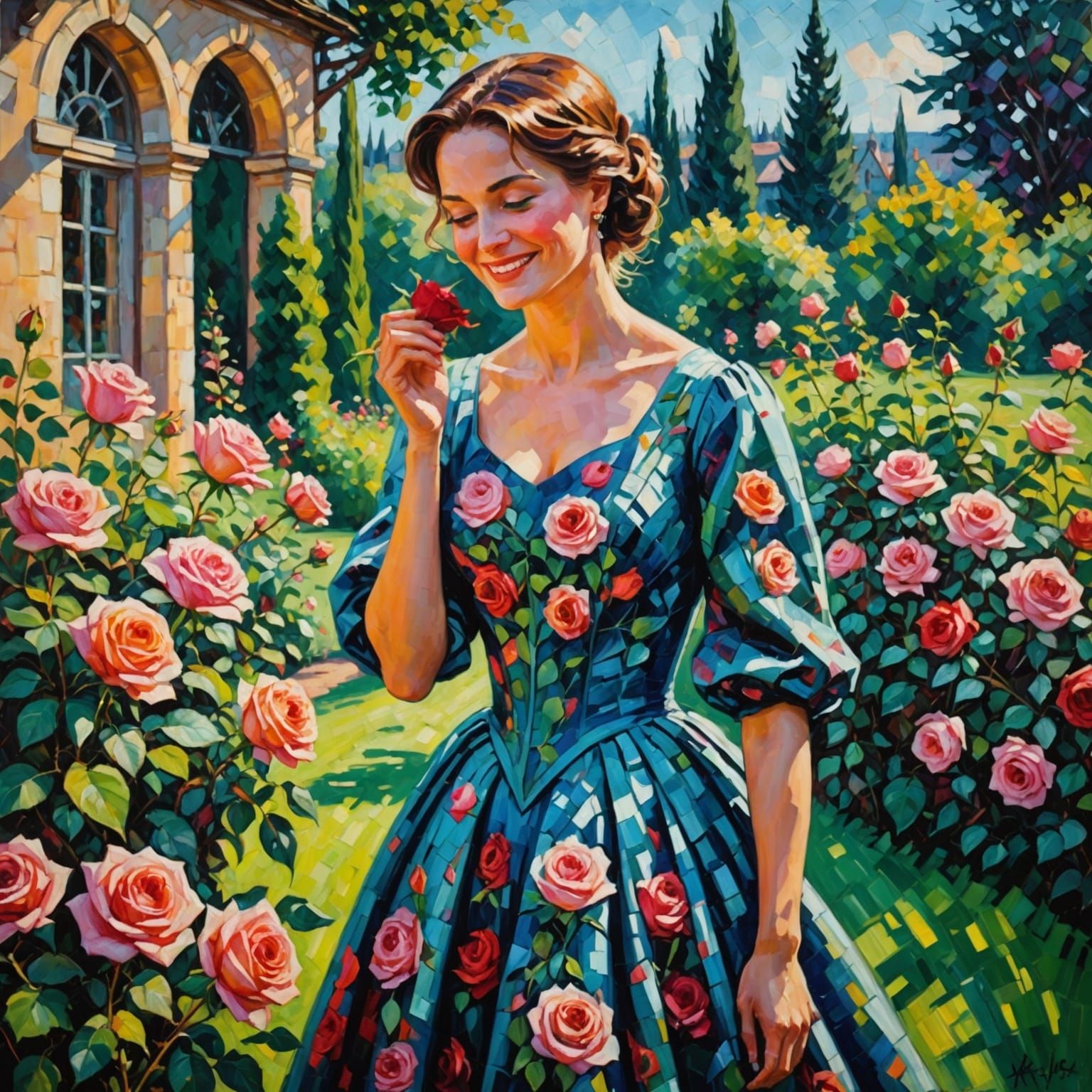 Woman Smiling in Garden with Roses