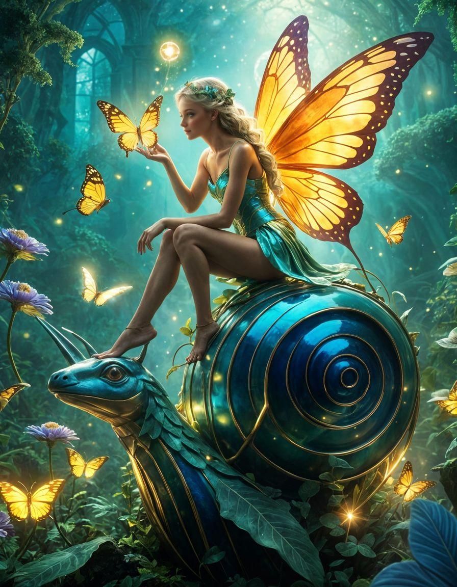 Magical Fairy Rides Snail in Fairycore Fantasy Art