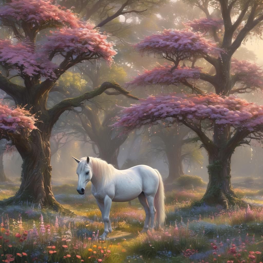 Magical Unicorn in Ethereal Fantasy Meadow