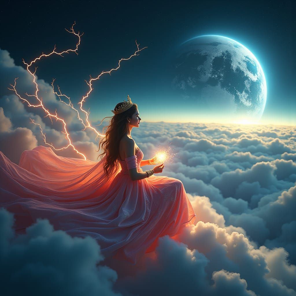 Goddess Watching Cinema on Cloud in Digital Art