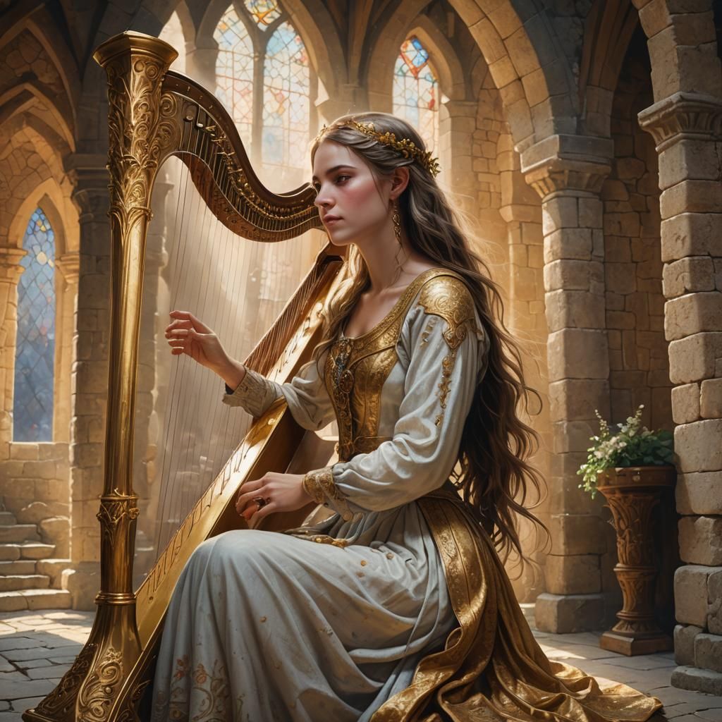 Ethereal Maiden Plays Harp in Castle Hall
