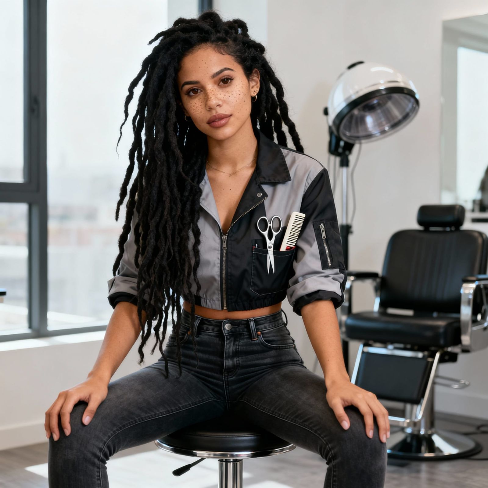 Latina Hairdresser Posing in Minimalist Salon