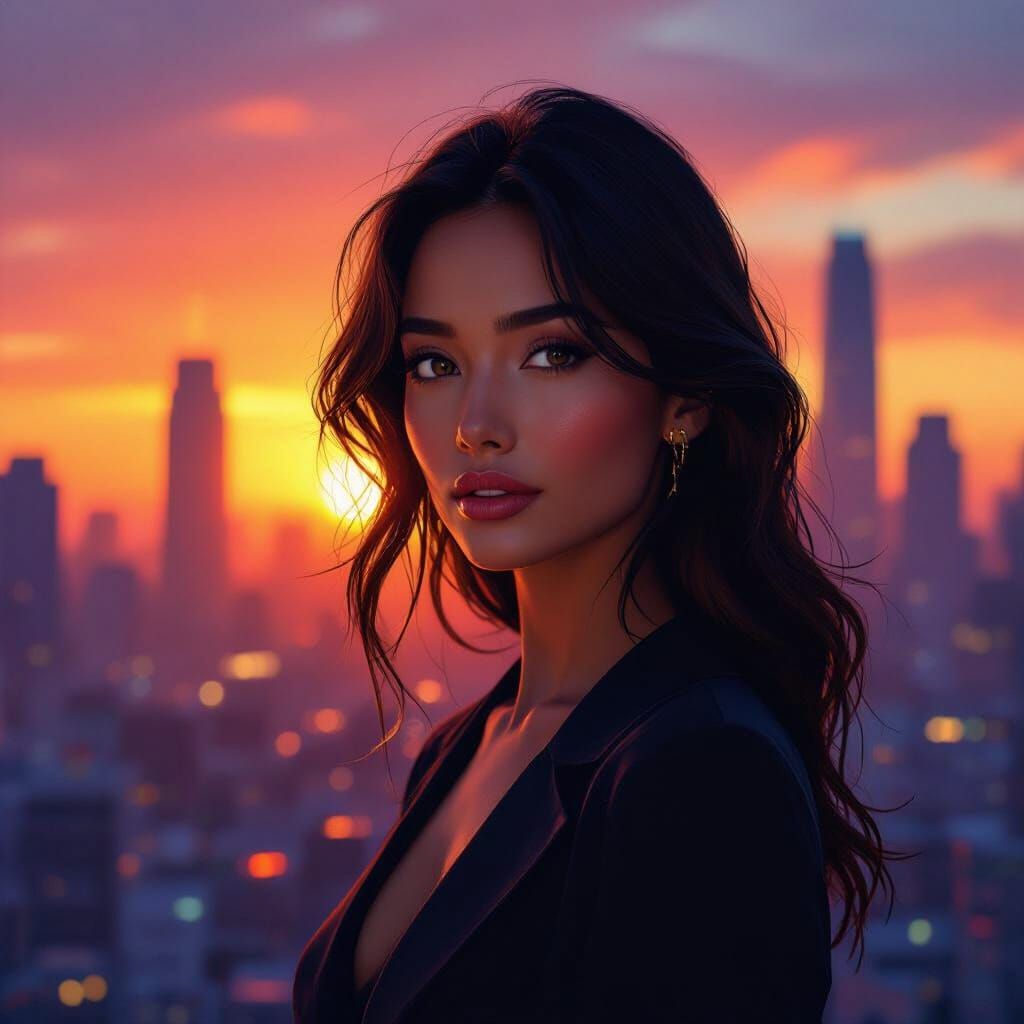 Manay Anita in Vibrant Cityscape at Sunset Digital Art