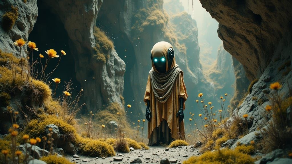 Ancient Robot Nurturing Bioluminescent Plant, Digital Art