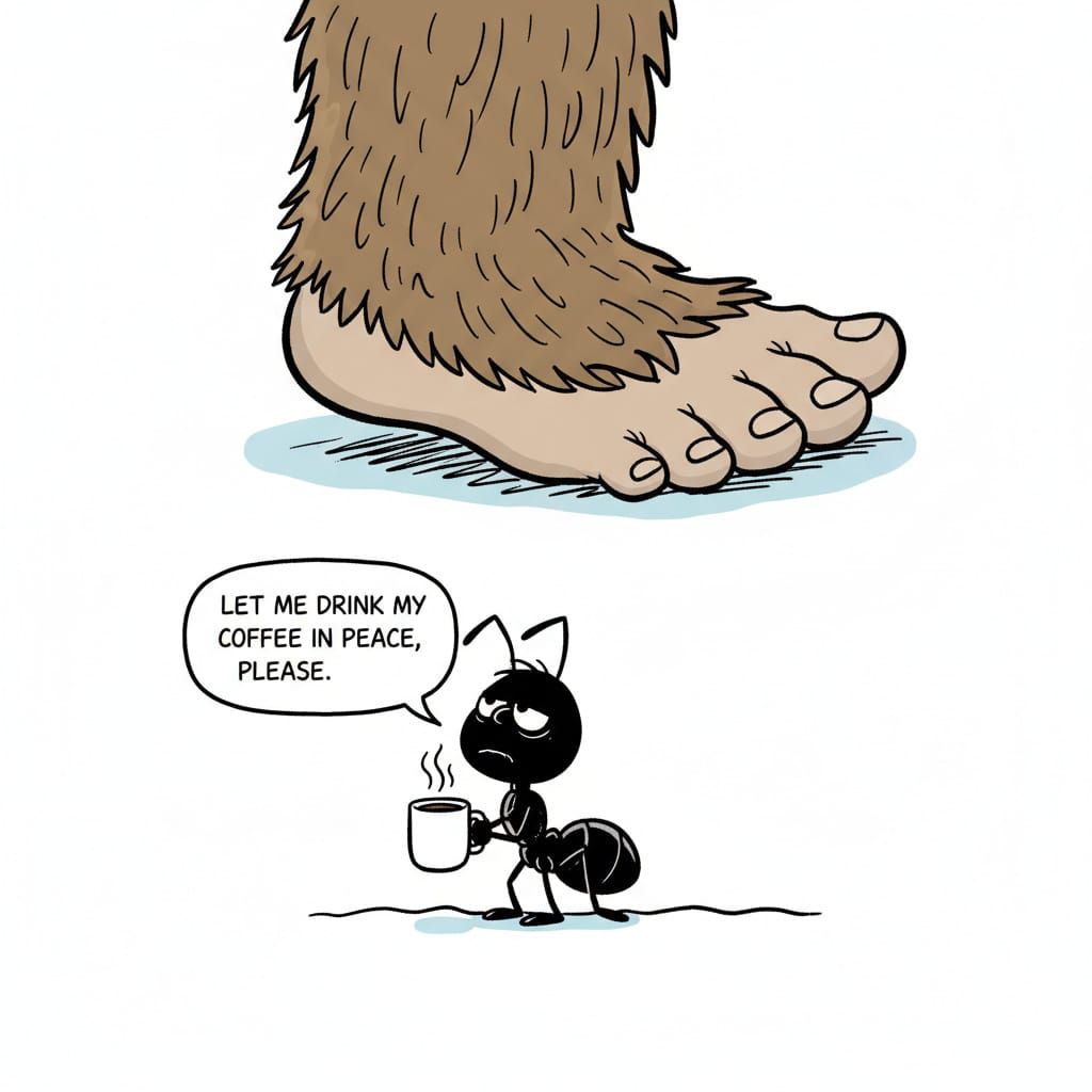 Ant in Peanuts Style Seeks Peace from Bigfoot's Foot