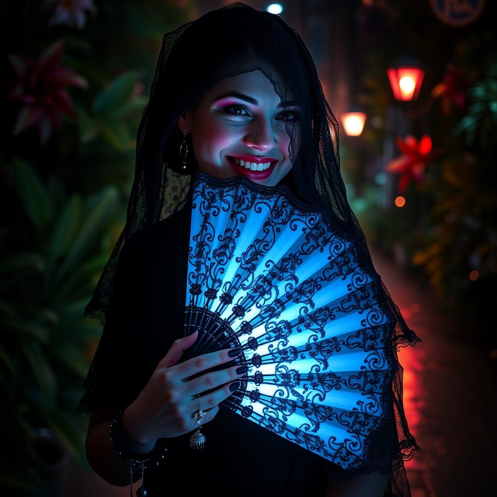 Cyberpunk Victorian Courtesan with Glowing Fan
