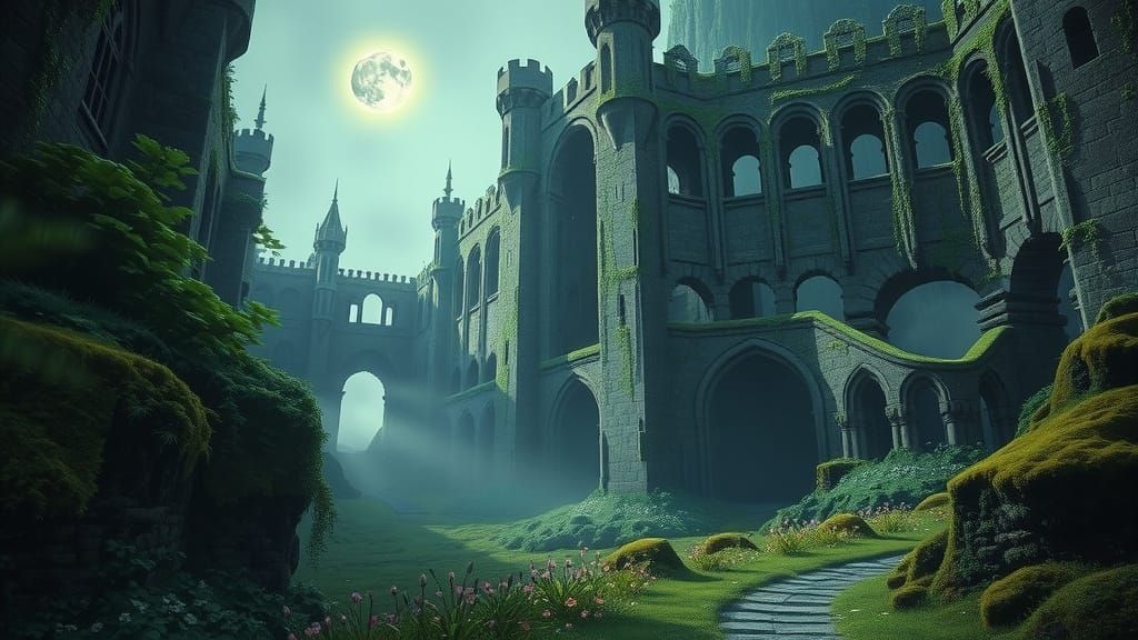 Misty Valley Castle Ruins in Digital Matte Painting Style