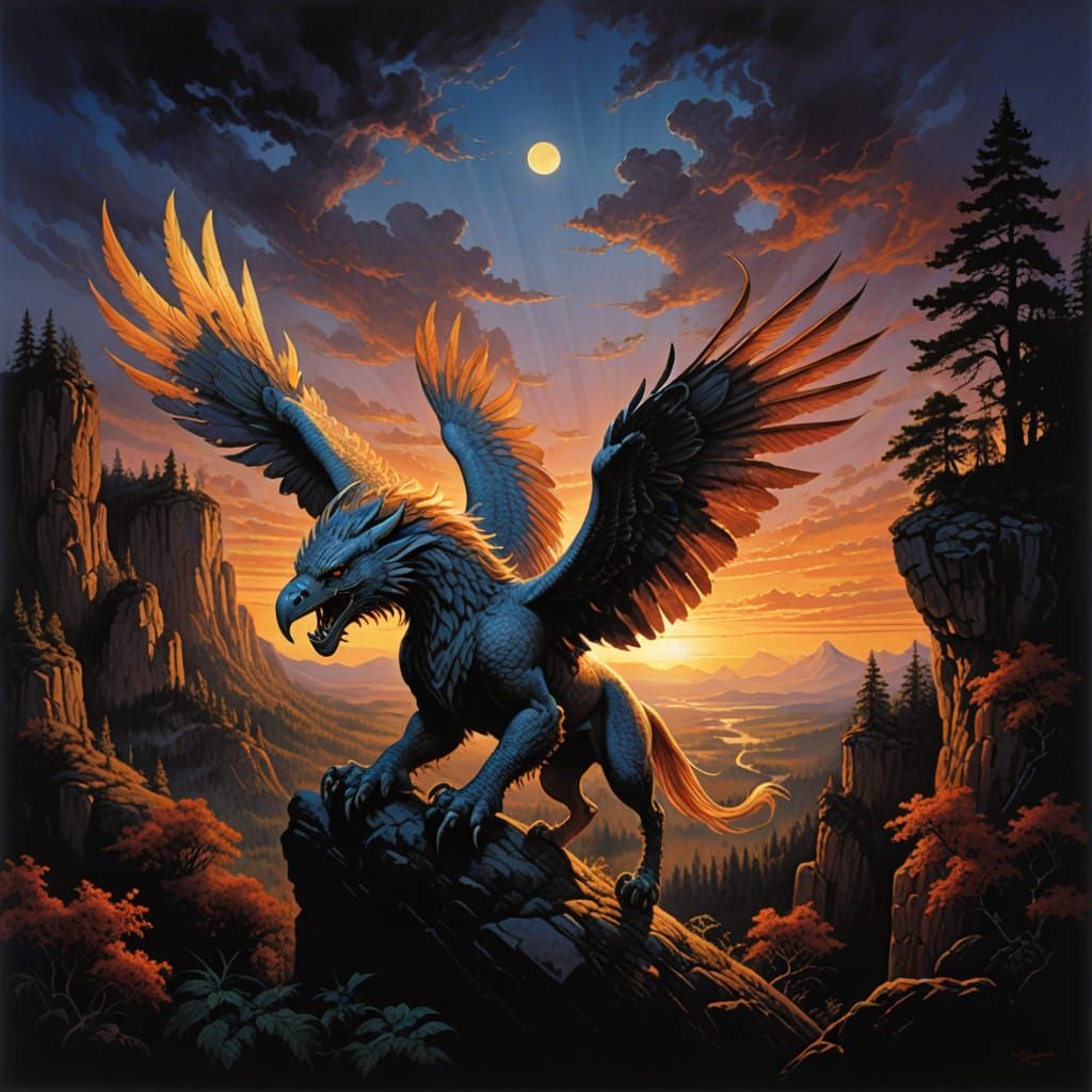 Majestic Griffin Soars Through Sunset Sky in Classic Fantasy...