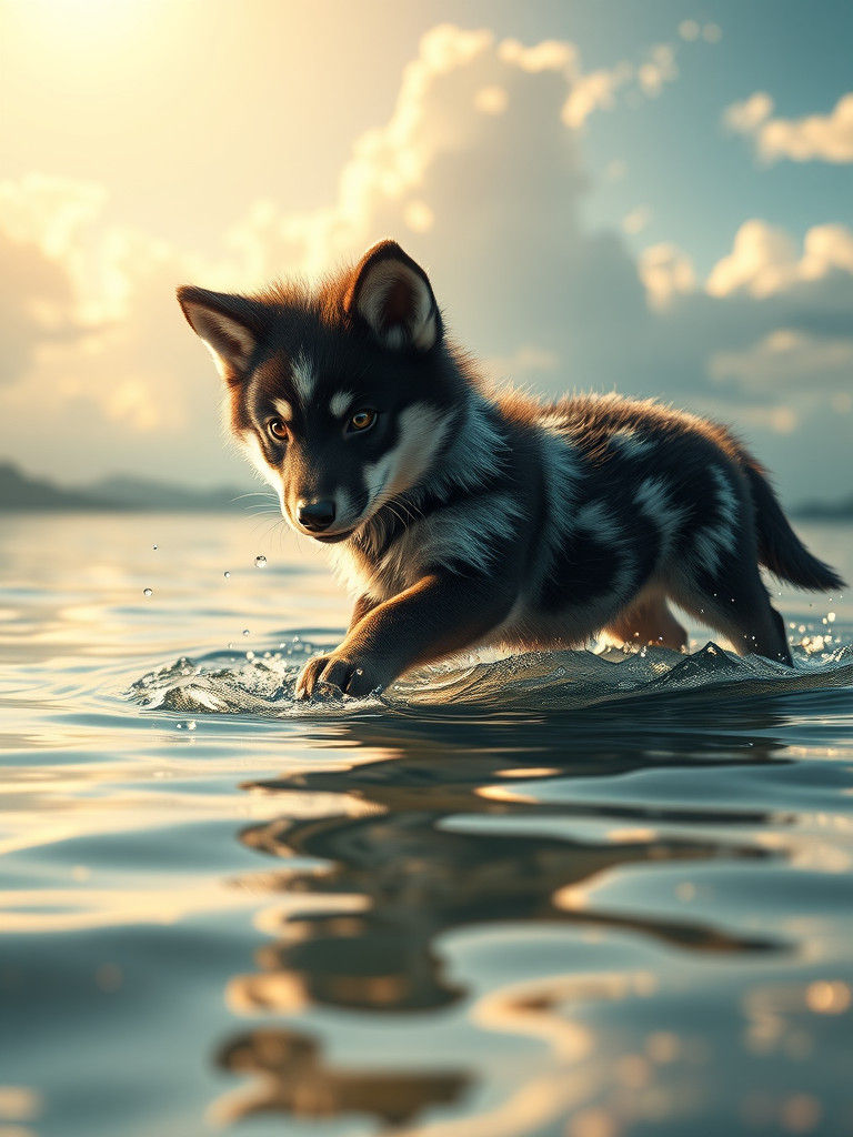 Wolf Pups Playing in Lake: Fantasy Matte Painting