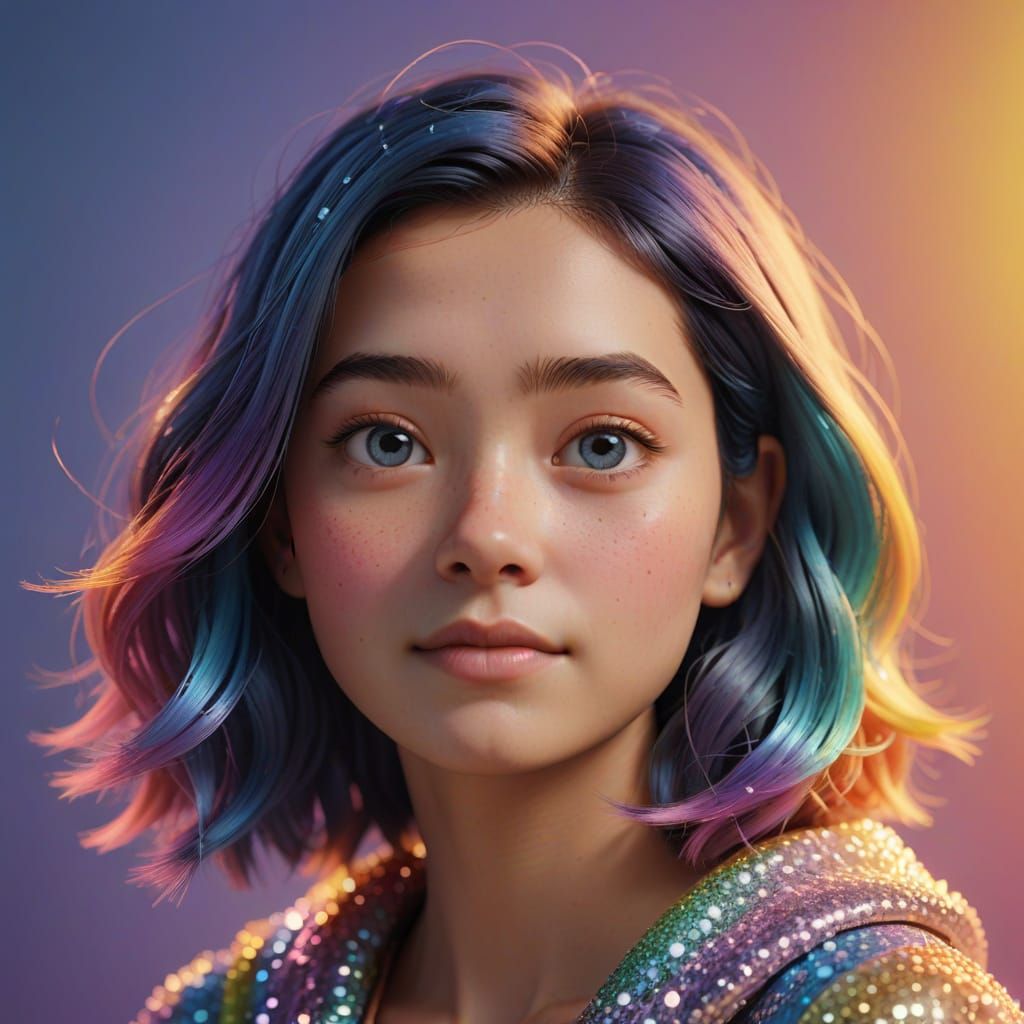 Gentle Pixar-Style Portrait in Pastel Rainbow Colors