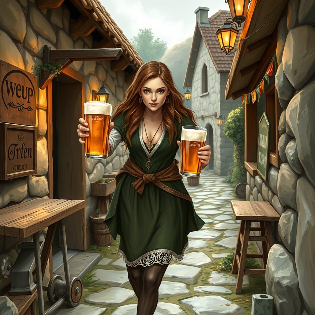 Heroic Woman with Beer in Village Tavern