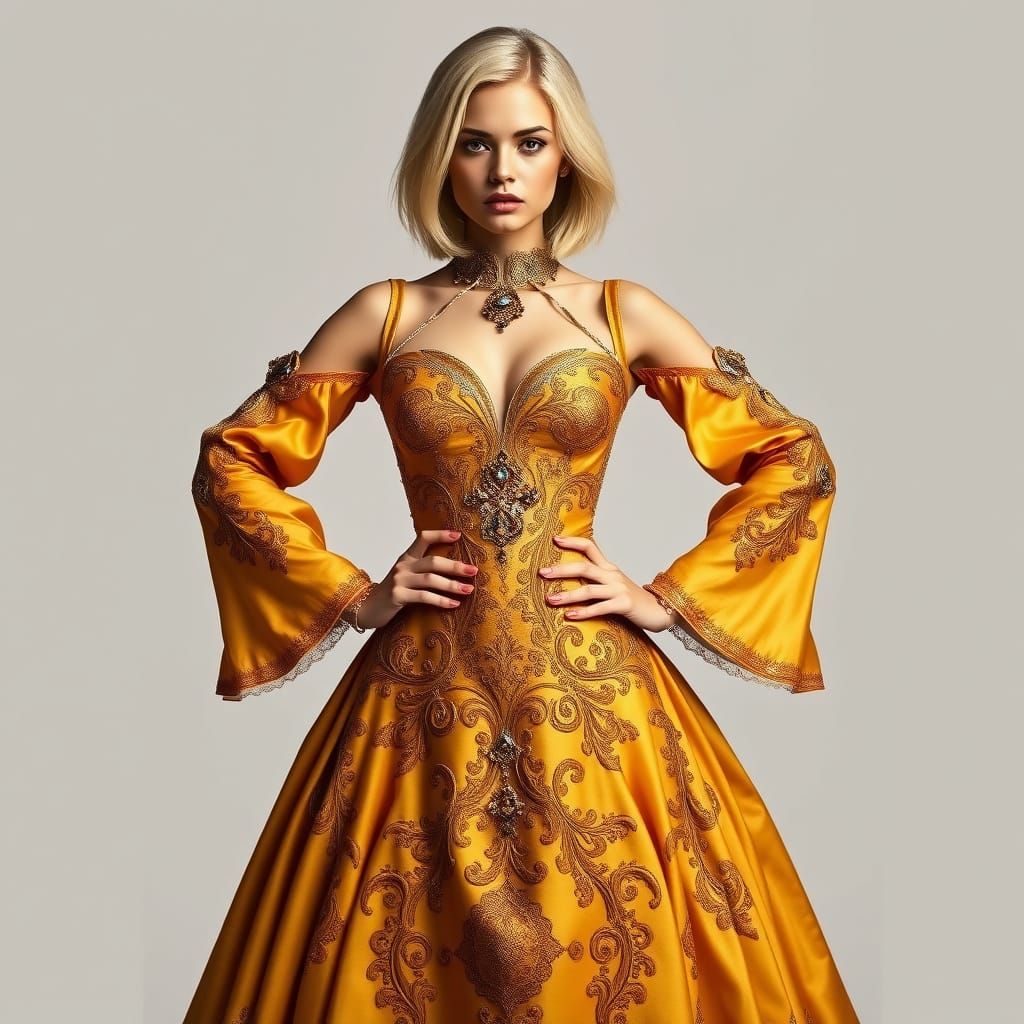 Confident Baroque Goddess in Golden Splendor