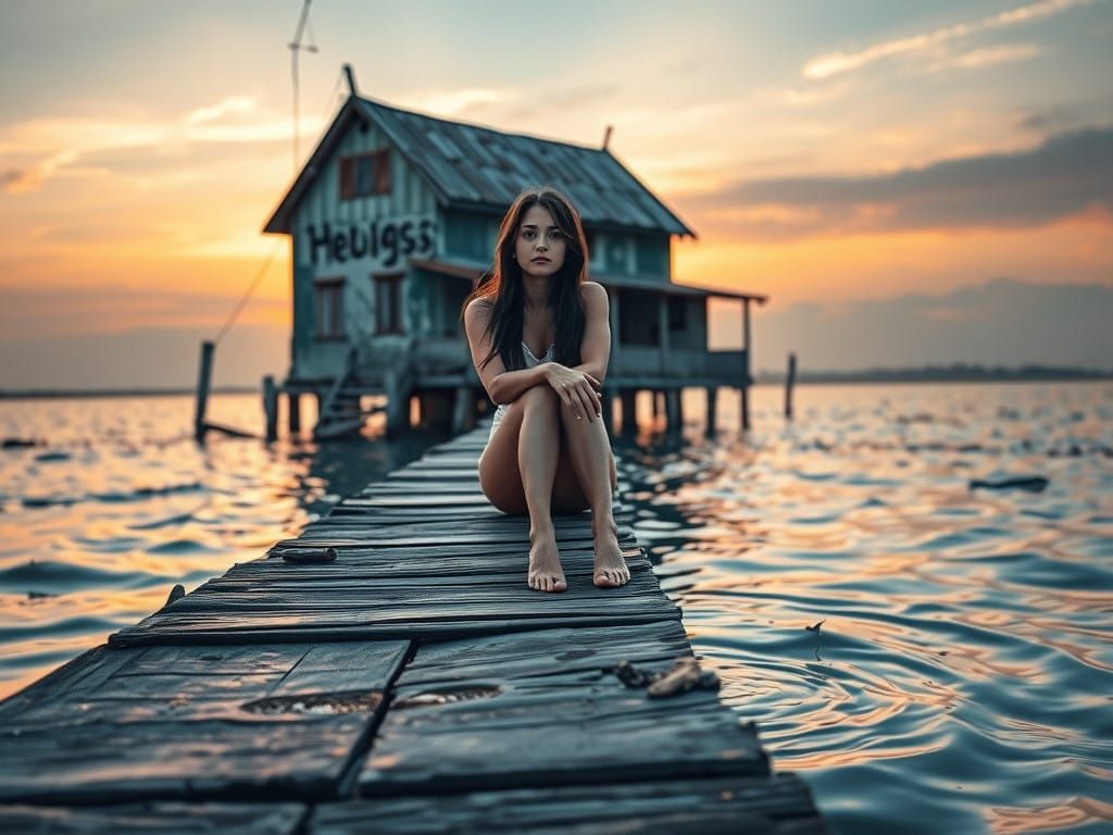 Woman Contemplates Sunset on Weathered Pier in Vibrant Graff...
