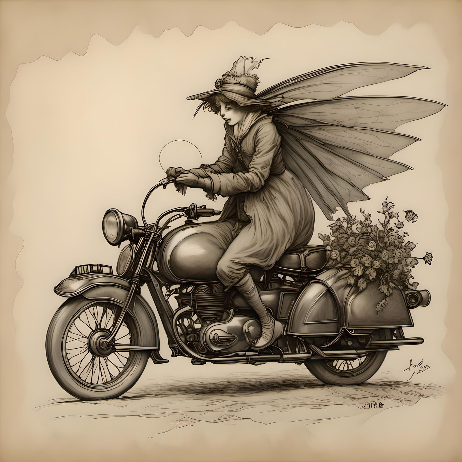Fairy riding a motorbike <lora:RackhamBurton1:1.0>
