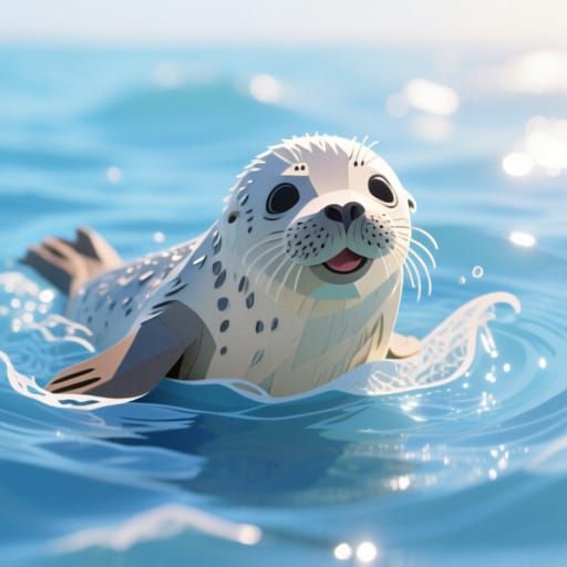 Adorable Baby Seal Playing in Water, Paper Art Style
