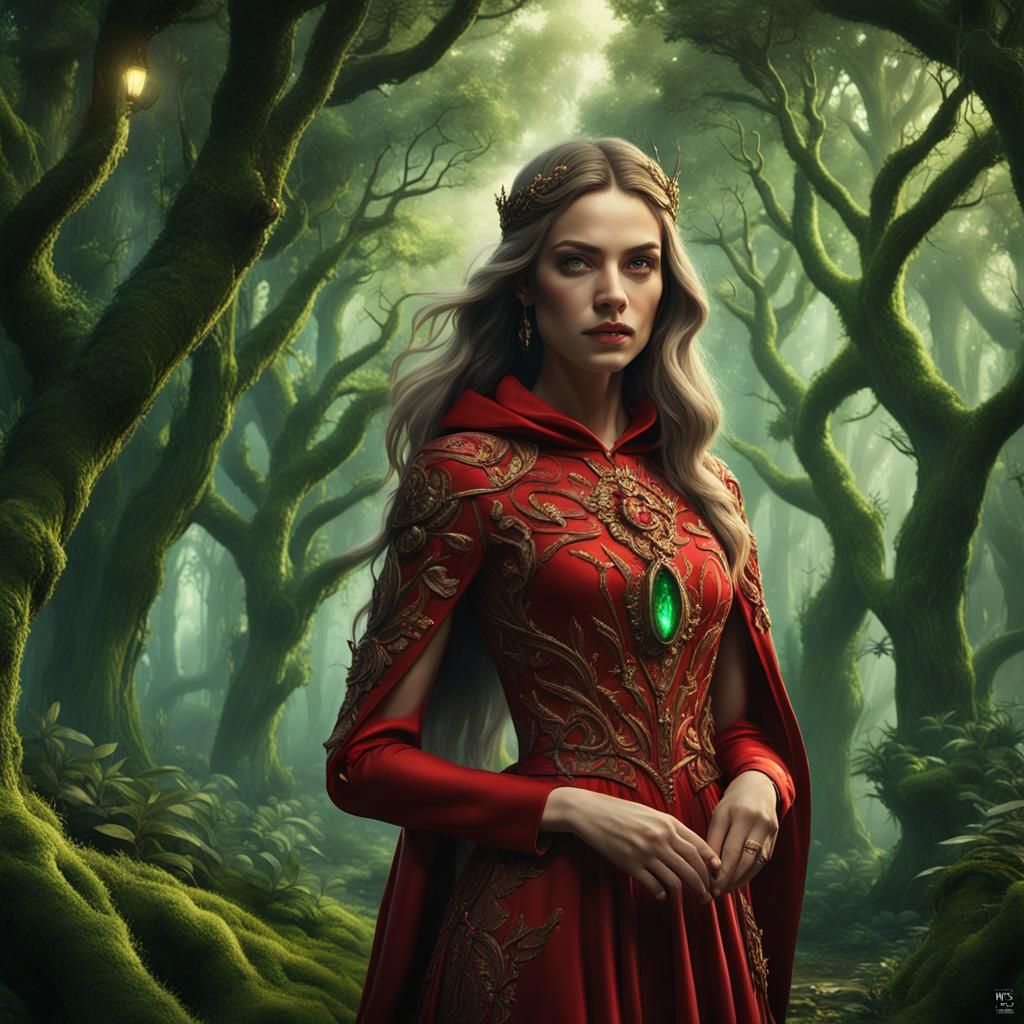 Enchanted Forest: Woman in Red Dress