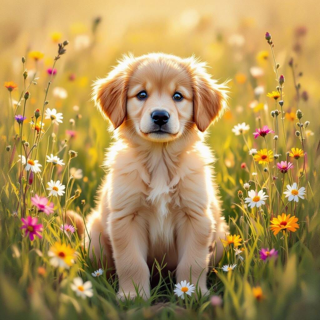 Golden Retriever Puppy in Wildflower Meadow Oil Painting