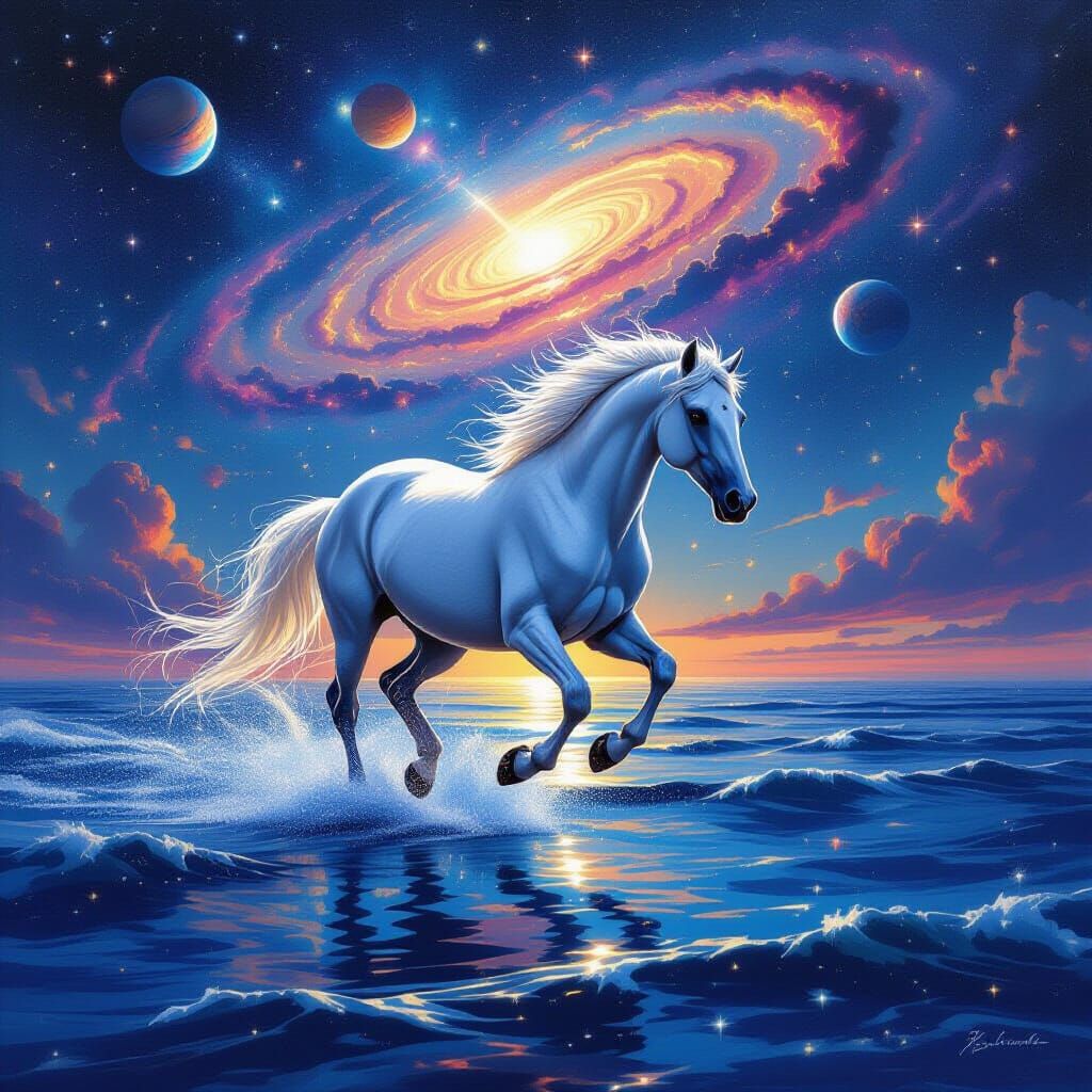 White Horse Gallops Through Cosmic Ocean with Nebulae Mane