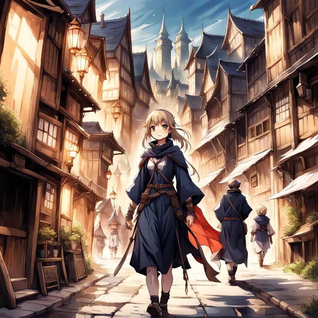 Adventurer Girl in Bustling Medieval Fantasy City, Anime Sty...