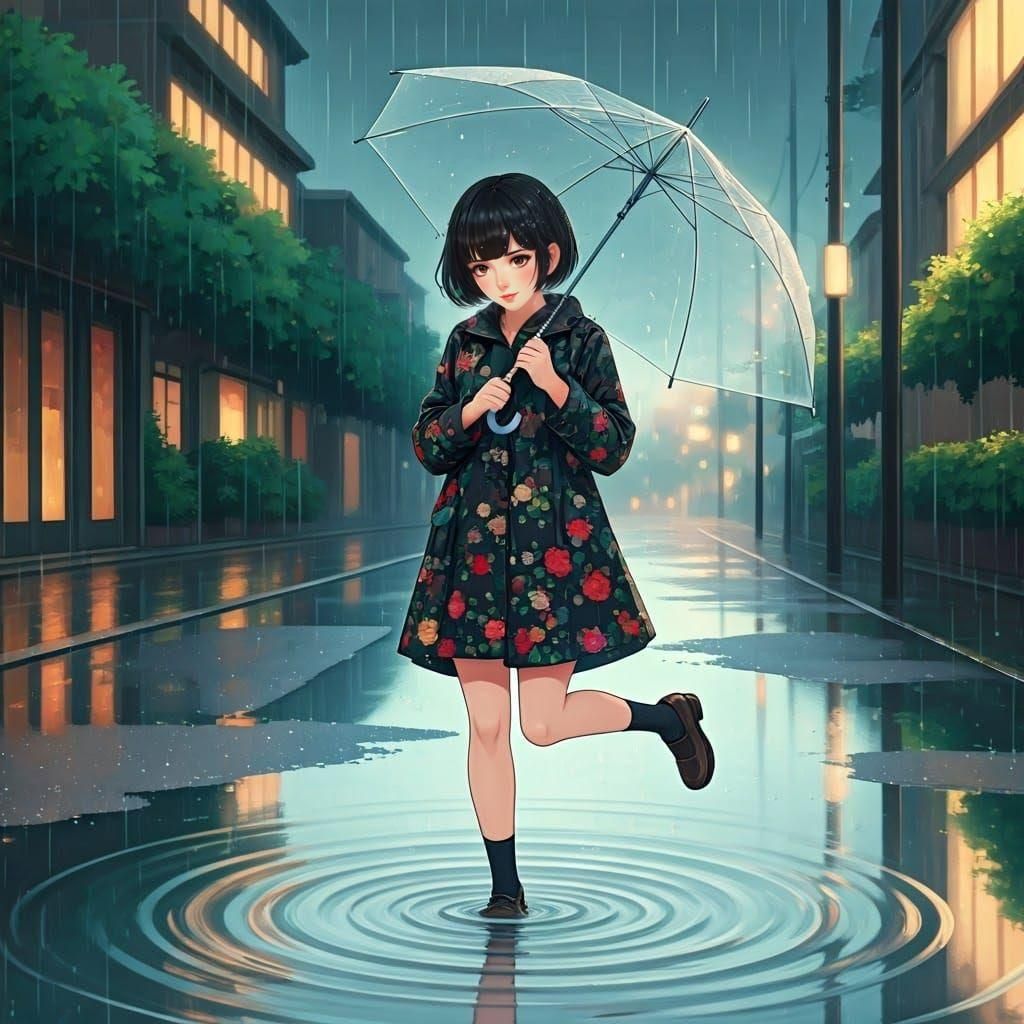 Whimsical Anime Woman Playing in Rainy Street