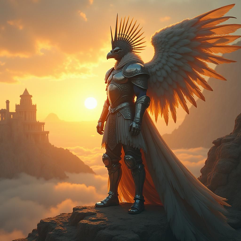 Aarakocra Paladin on Mountain Ruins in Dark Fantasy Style