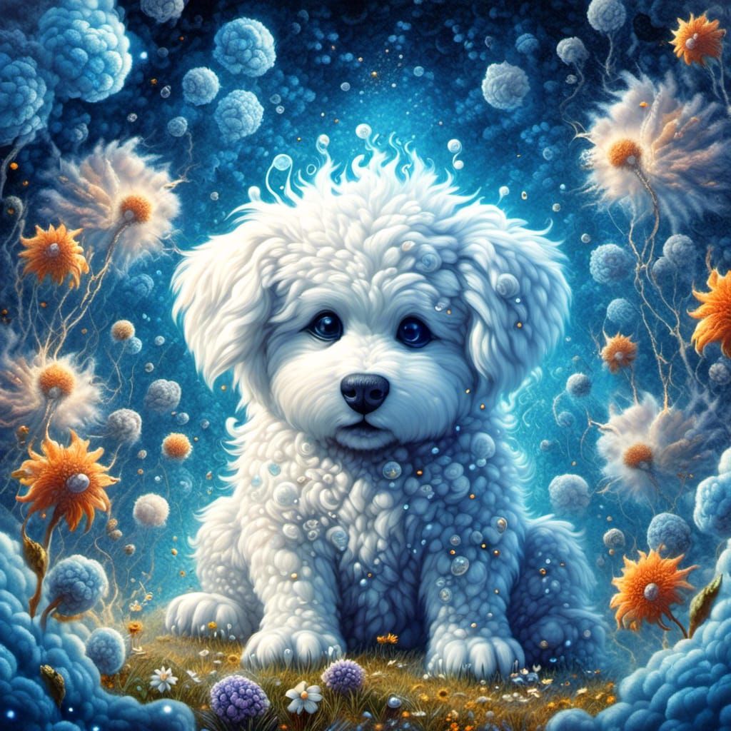 Cosmic Meadow: Surreal Illustration of Monster and Puppy