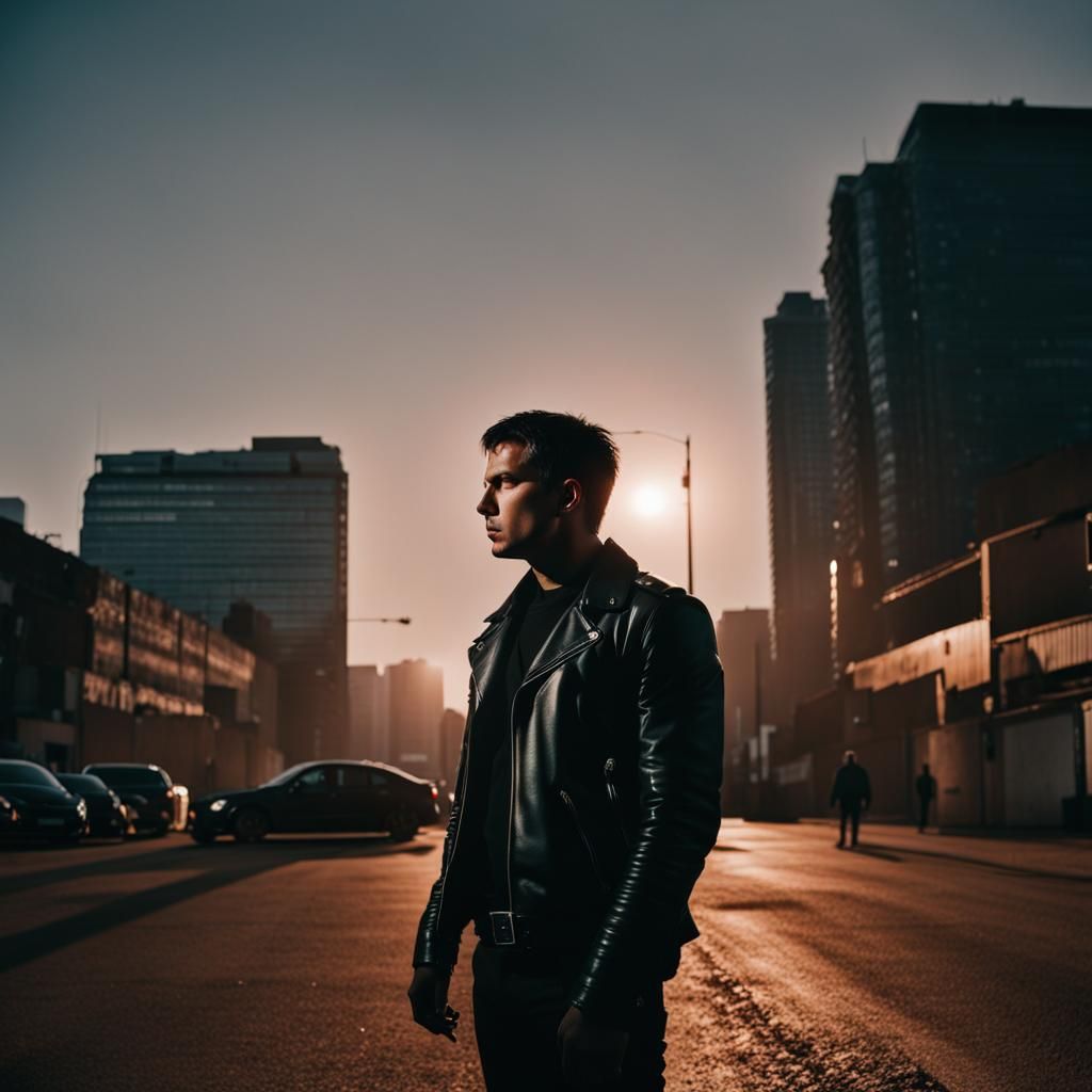 Dystopian Man in Leather Jacket: Cinematic Film Still