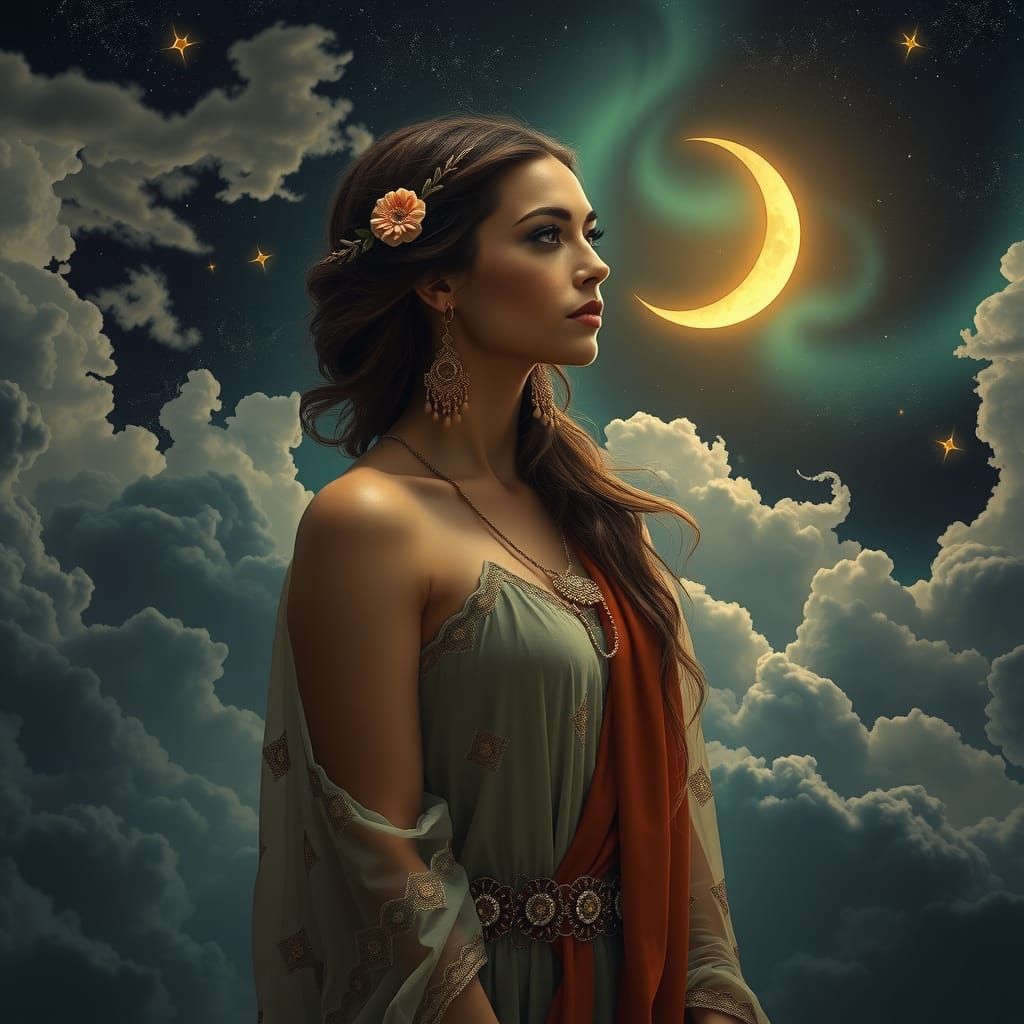 Virgo Woman in Mystical Night Sky, Digital Matte Painting