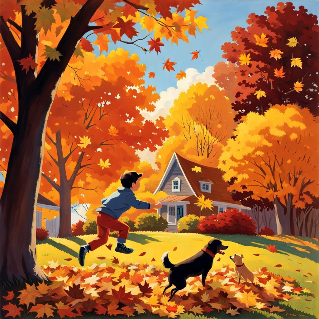 Boy's Joyful Leap into Autumn Leaves