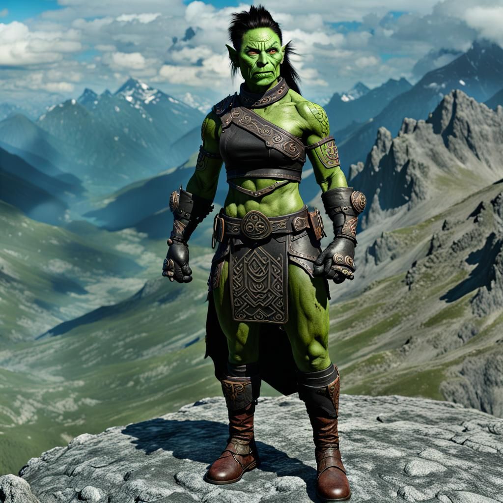 Armored Orc Woman on Mountain Top: Cel-Shaded Anime Art