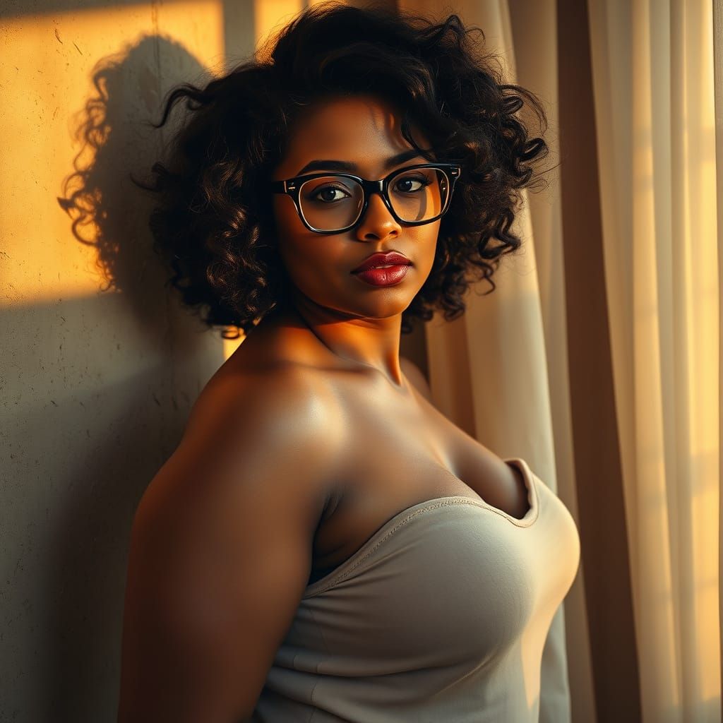 Curvy Woman in Golden Light, Oil Painting Style