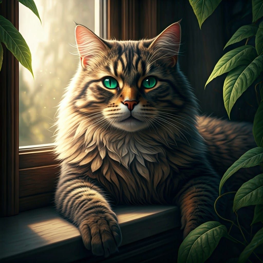 Regal Cat Lounging in Sunlight: Hyper-Realistic Digital Art