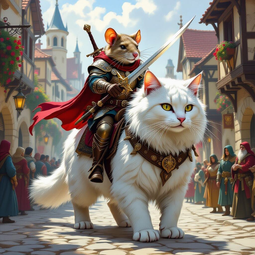 Rat Warrior Rides Giant Cat Through Medieval Town