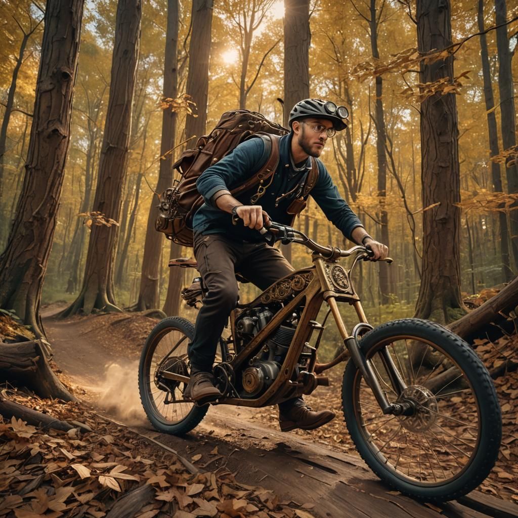 Steampunk Rider on Forest Path with Brass Details