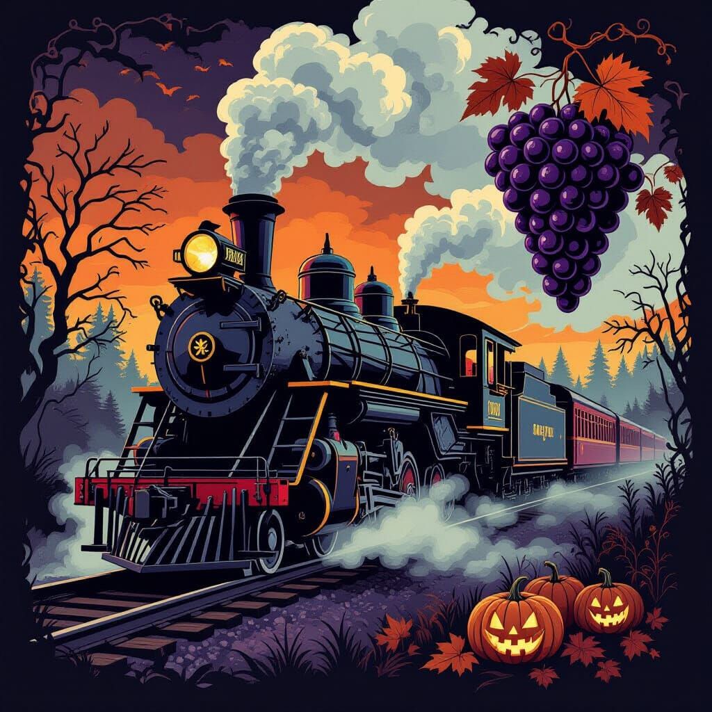 Halloween Icon: Vintage Train with Grapes in Dark Vector Art