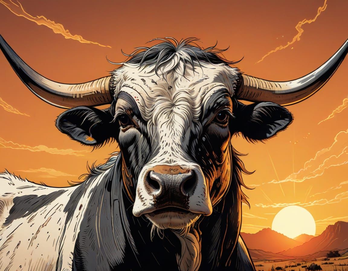 Detailed Longhorn Line Art in Comic Book Style