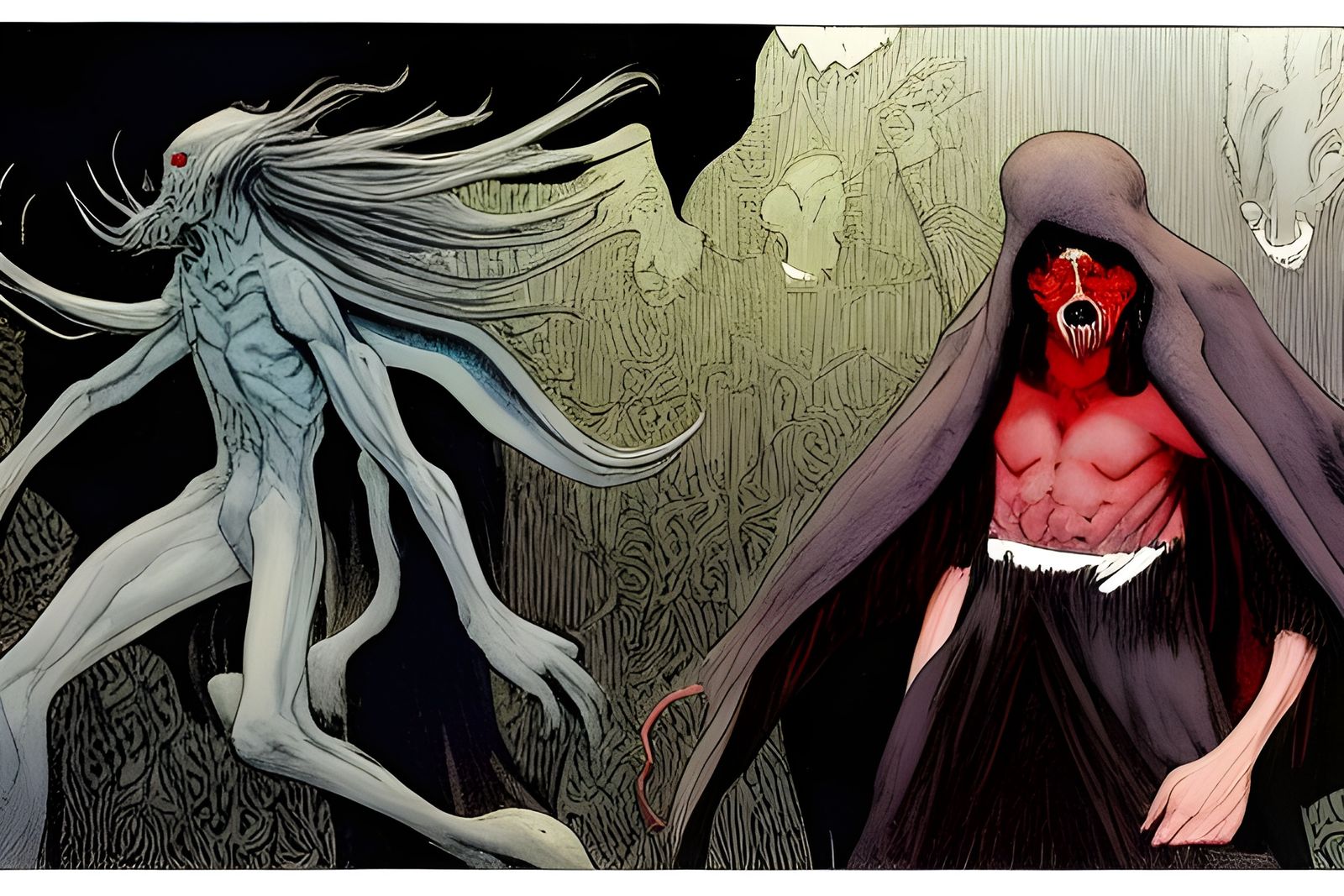 Morbius vs Babadook Deathmatch in Watercolor Style