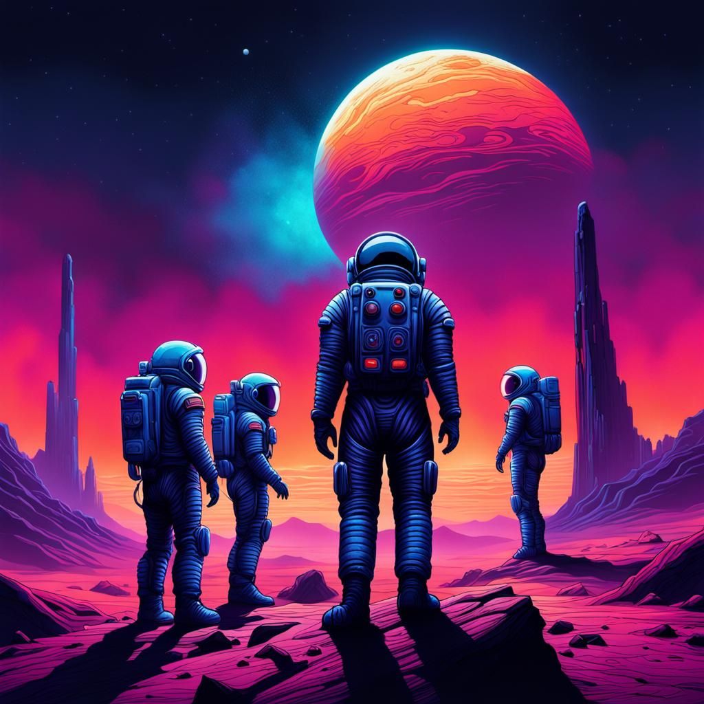 Astronauts on Barren Planet in Dark Fantasy Illustration
