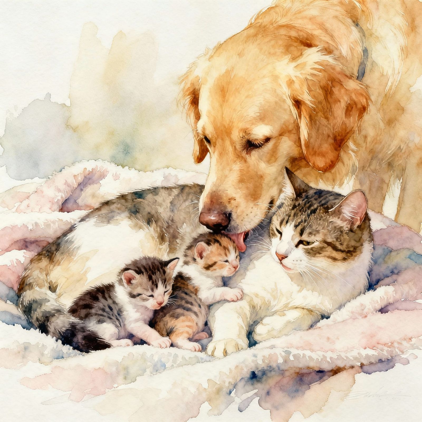 Mother Cat and Kittens Watched by Golden Retriever