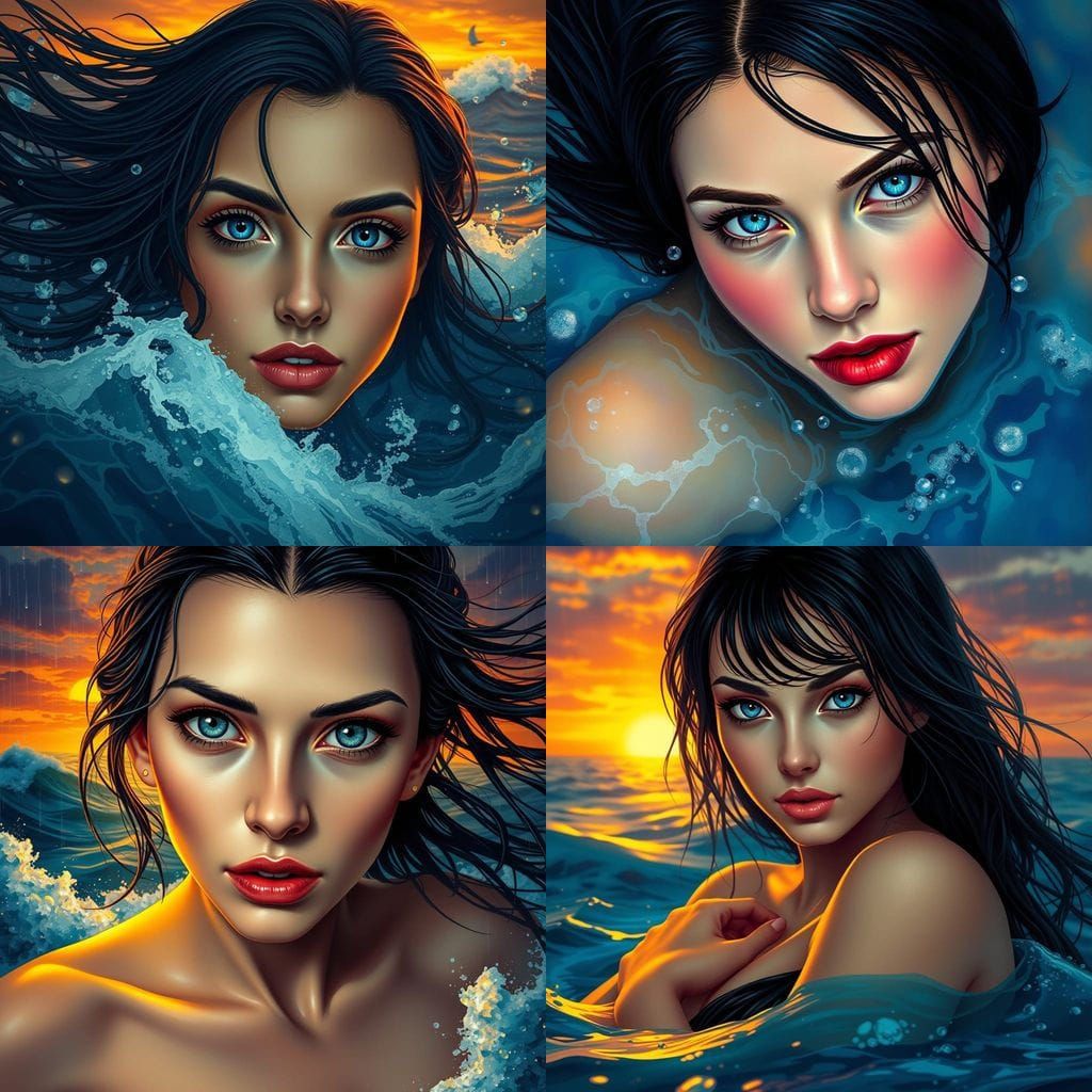 Beautiful Woman Portrait with Flowing Hair in Ocean